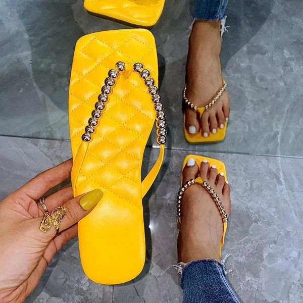 

large size solid color women's flip flops flat-bottomed new beaded summer shoes woman fashion square toe ladies slippers, Black