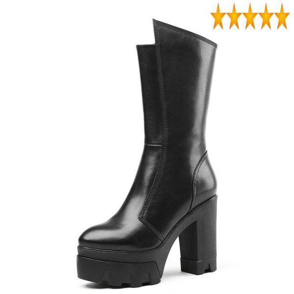 

boots genuine cowhide platform high women round toe thick heel knight winter black zapatos de mujer