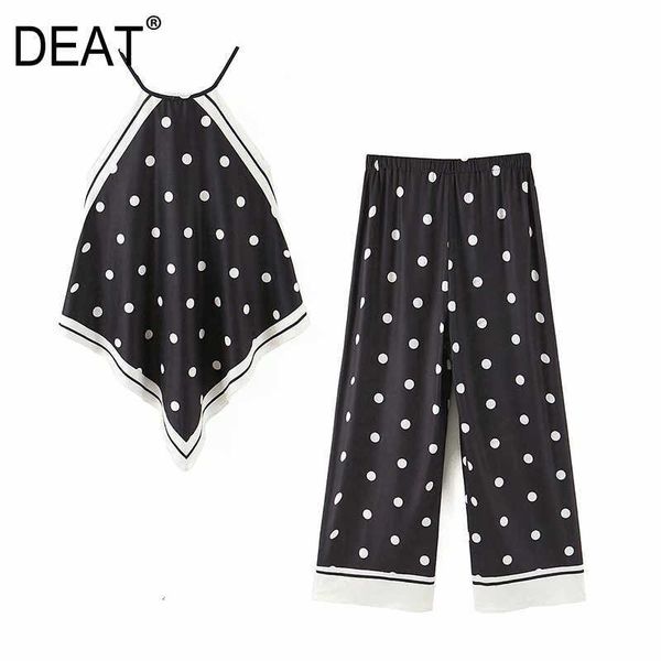 

[deat] sleeveless hanging neck printing high waist wide leg pants women two-piece suit summer fashion 13q589 210527, White