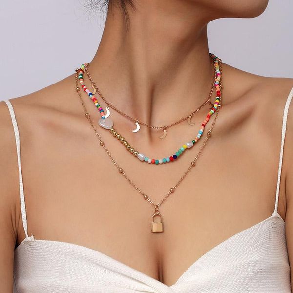 

pendant necklaces 3 pcs/set bohemian ladies gold color chain moon lock necklace for women boho multicolor glass crystal beads, Silver