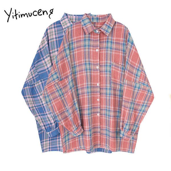 

yitimuceng plaid blouse women office lady red blue button up shirts fashion long sleeve clothing casual pocket spring 210601, White