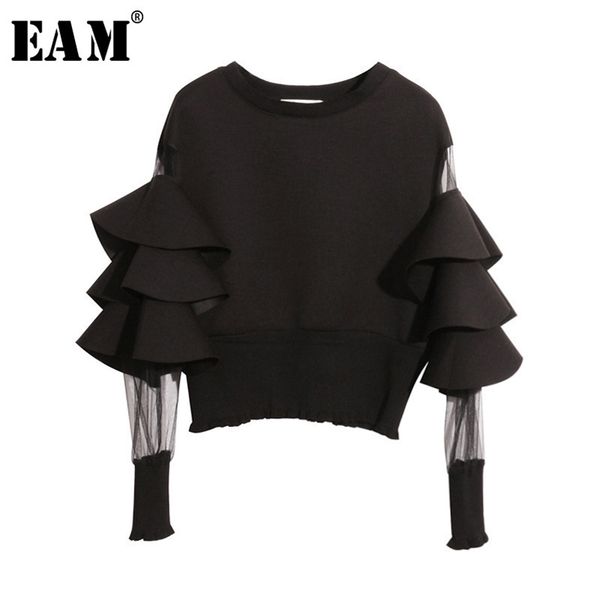 

[eam] spring round neck long sleeve solid color gauze split joint loose sweatshirt women fashion jc509 210805, Black