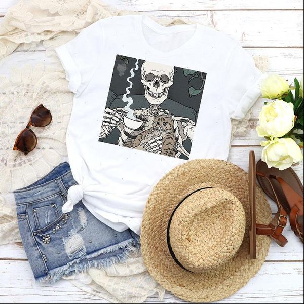 

women graphic skull coffee pet cartoon casual cute printed 90s print female t shirt tees clothing womens t shirt, White