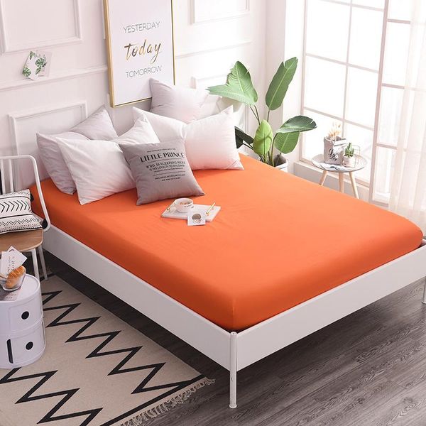 

sheets & sets single double orange 100%cotton fitted sheet mattress cover four corners with elastic bed twin full queen king lining