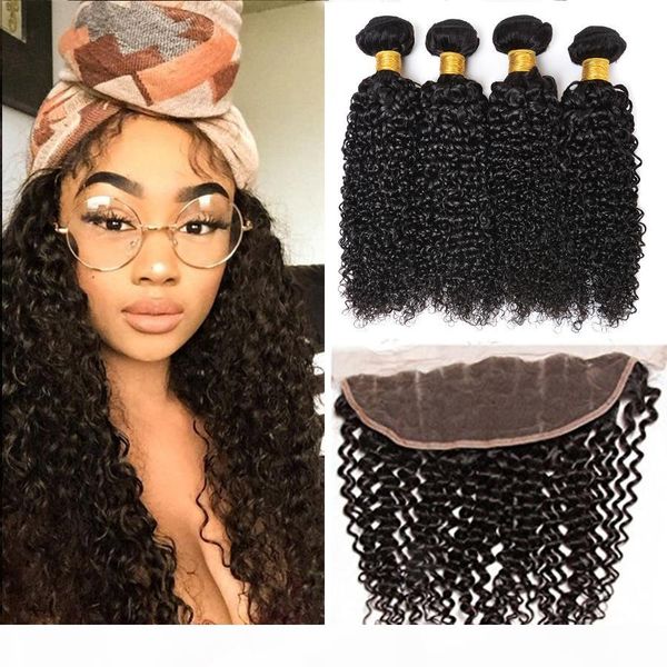 

brazilian human hair kinky curly lace frontal closure with hair bundles 4pcs 13x4 ear to ear full lace frontals with hair weaves, Black;brown
