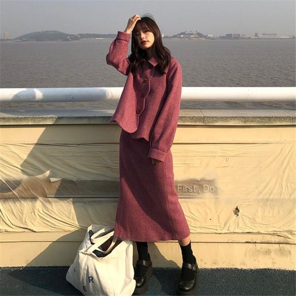 

two piece dress set women skirt suit female autumn spring loose casual long sleeve single -breasted straight, White