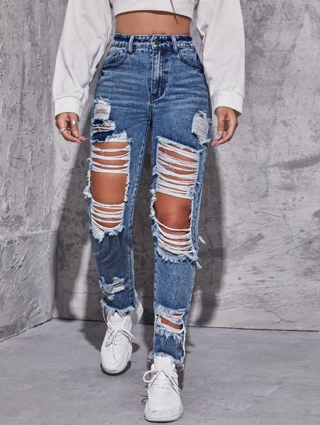 

high waisted ripped raw hem jeans w9jo#, Blue