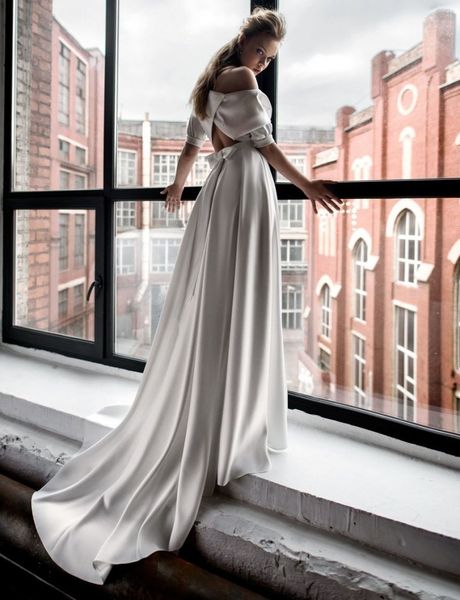 

mariee simple new beach wedding elegant a line satin lantern sleeves hollow bow back bride gowns 2021 vestido de noiva b0dl, White