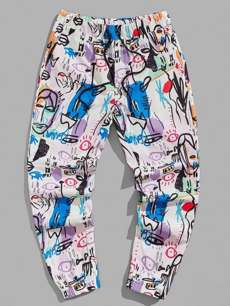 

men figure & graffiti print drawstring waist pants 27c9#, Black