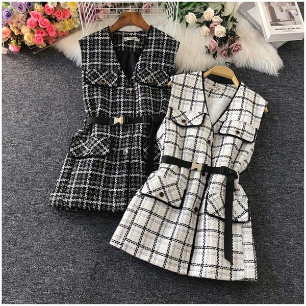 

women's vests korean style plaid chic vest jacket women elegant with belt single breasted sleeveless waistcoat vintage v-neck midi oute, Black;white