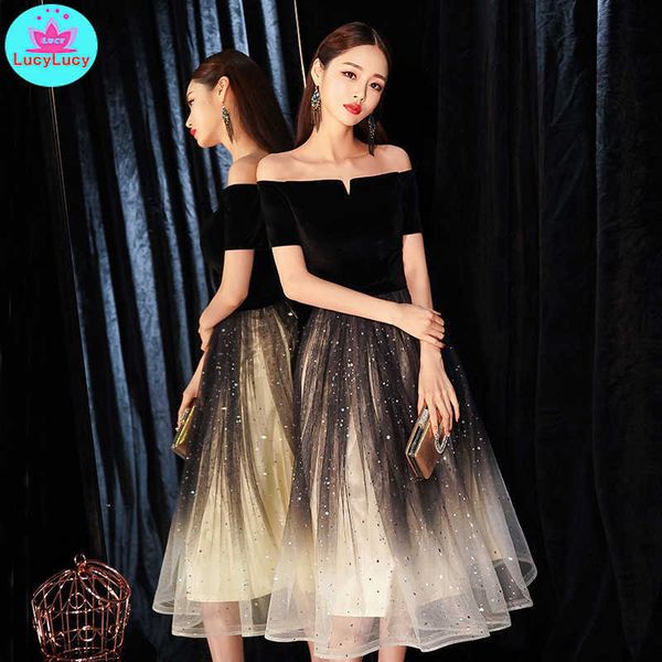 

banquet elegant black long section word shoulder slim slimming dress party off the shoulder patchwork 210603, Black;gray