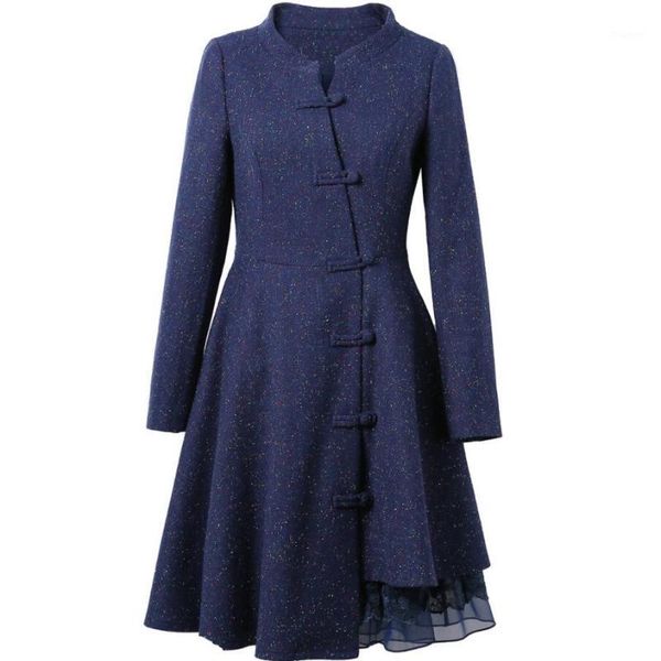 

autumn winter vintage elegant mesh patchwork woolen coat women v-neck single breasted slim wool blends coat1, Black