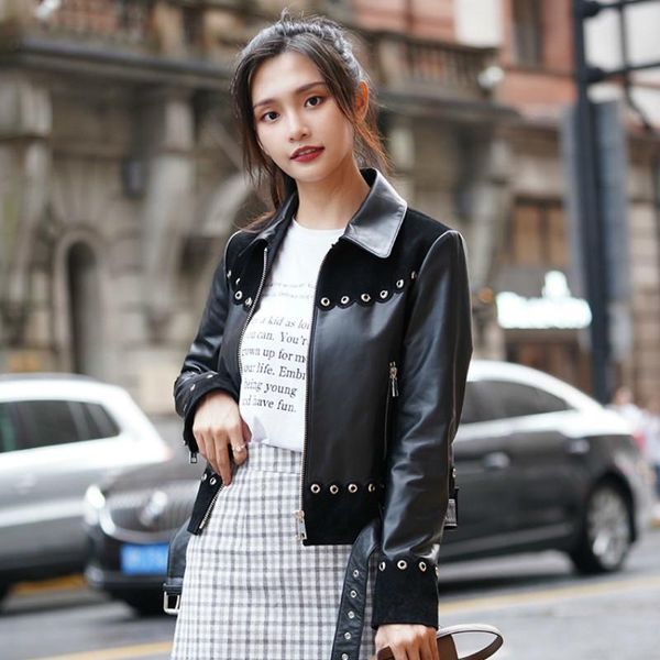 

women's leather & faux 300% real cow coat female genuine jacket + belt short slim rivets jackets women clothes outerwear jaqueta 93083, Black