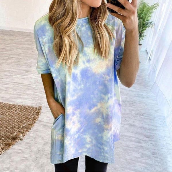 

tie-dye short mouwen around the neck t-shirt casual tee women zomer (s-5xl) 2021 new galstoy-rubasca top, White