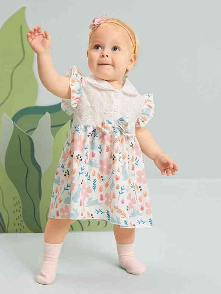 

baby rabbit & floral print bow flutter sleeve dress she, Red;yellow