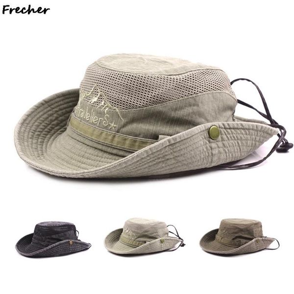 

wide brim hats washed cotton summer men's panama bucket hat breathable mesh fishing cap women's sunscreen beach jungle climbing, Blue;gray