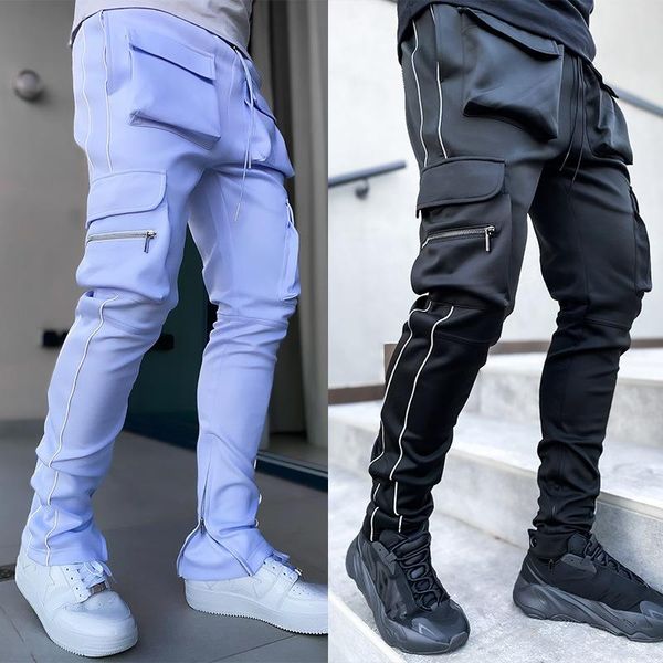 

mens reflective cargo pants hip hop casual male track pant joggers trousers fashion multi-pocket men streetwear, Black