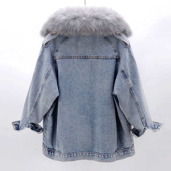 

removable real fox collar + rabbit fur liner denim jacket women winter loose thick warm jeans jackets parka female outerwear x7vj, Black;brown