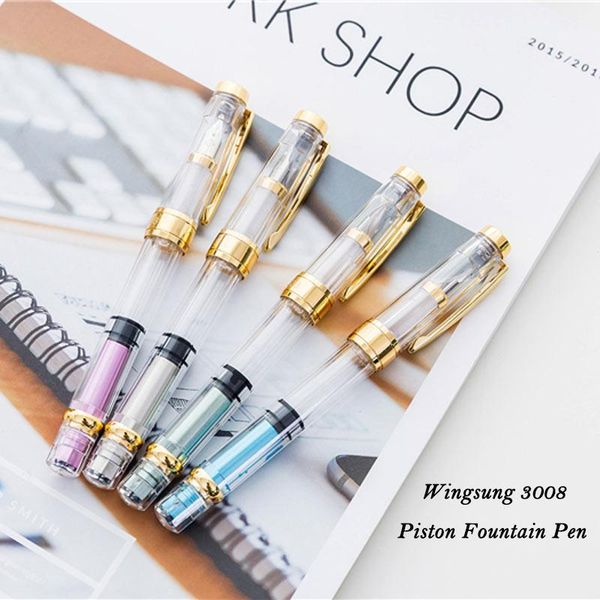 

fountain pens 4pcs set wing sung 3008 piston pen full transparent ef/f nib 0.38/0.5mm golden / silver trim office business ink