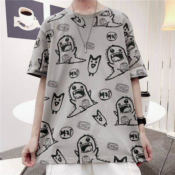 

2021 new gray cartoon t shirt men loose harajuku streetwear casual half sleeve funny summer cool high street japan tshirts males 64aq, White;black