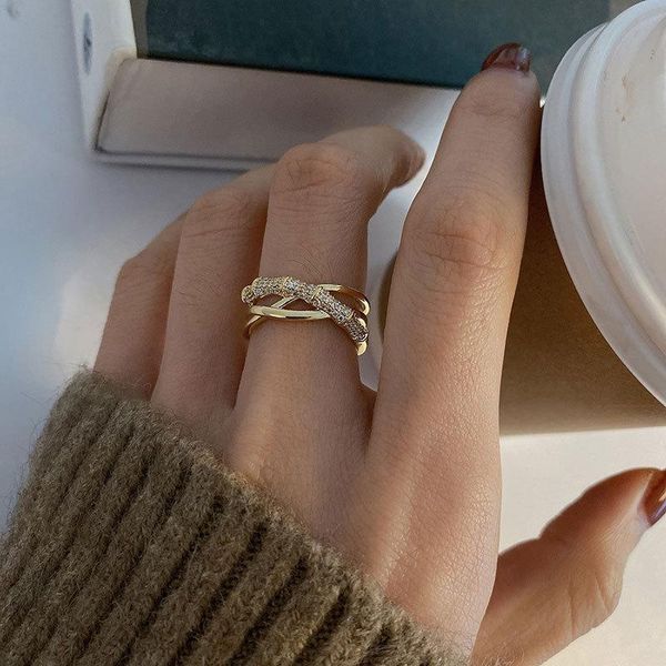 

wedding rings fashion aesthetic gold plated crystals jewelry for women hollow irregular geometric luxury on phalanx couple gifts, Slivery;golden