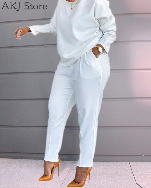 

women's two piece pants women 2 set drawstring design long sleeve pockets sets, White