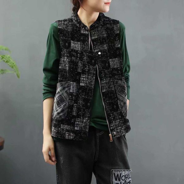 

women's vests women fashion denim pocket contrast color patchwork stand collar sleeveless waistcoat female retro vest casual plaid chy, Black;white