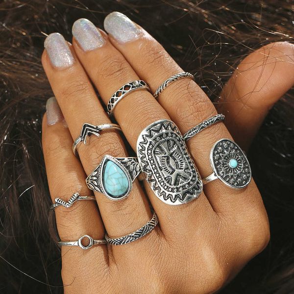

joint ring national style exaggerated turquoise combination ring, Silver