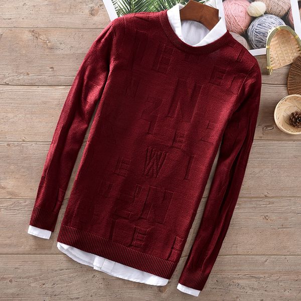 

2021 autumn and winter new men's wool sweater round neck jacquard trend wine red sweaters men slim fashion maglione trui rg5a, White;black