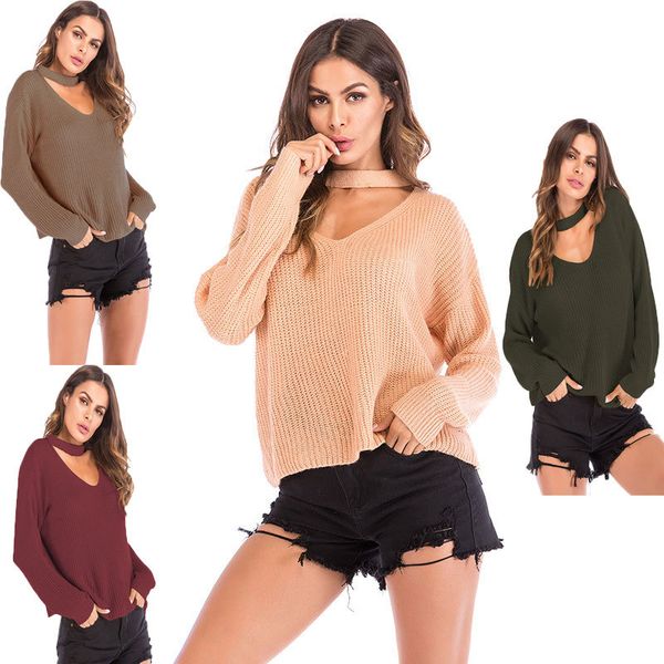 

2021 new casual knitted women streetwear v neck long sleeve pullovers solid coat autumn winter fashion women's sweater gm03, White;black