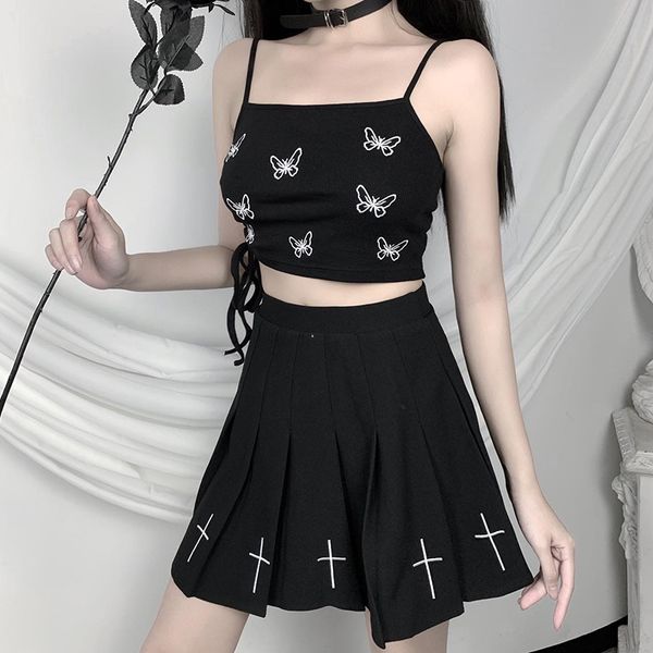 

slim knitting camis gothic women butterfly printing lace up crop female 2021 summer new streetwear short top, Black;gray