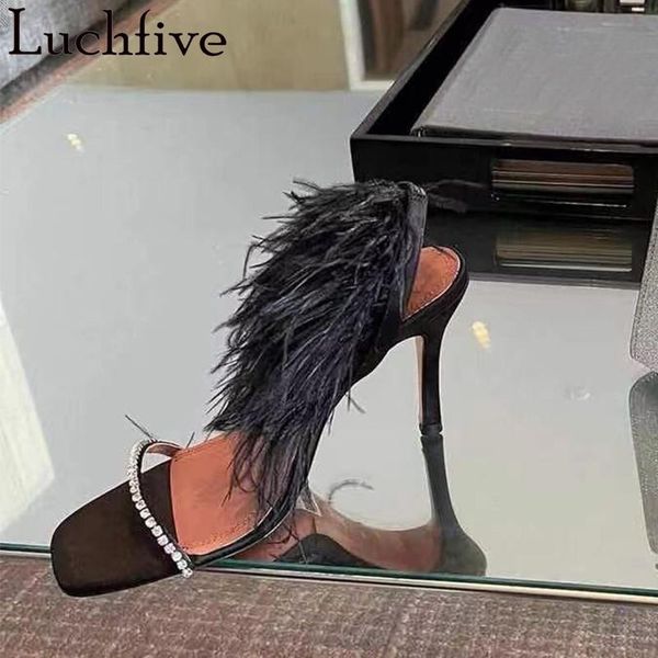 

dress shoes feather crystal high heel women ankle wrap square toe sandals female party t-show designer stiletto ladies shoe, Black