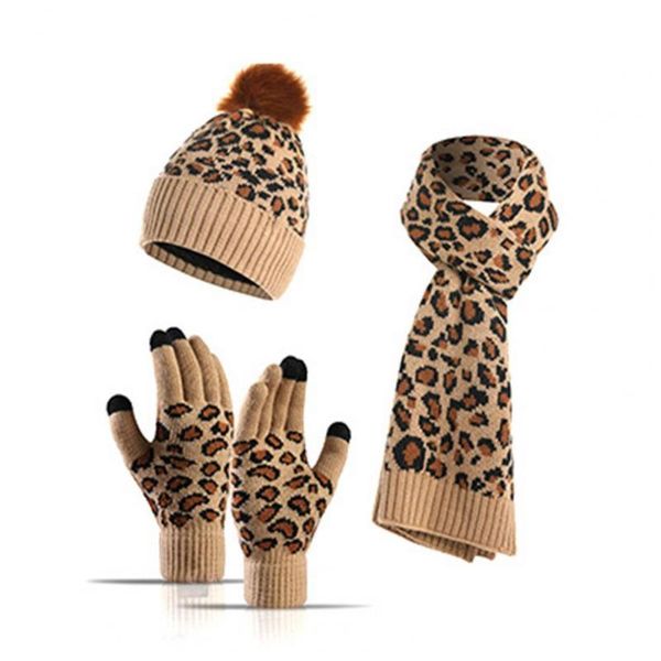 

hats, scarves & gloves sets 1 set autumn winter beanie hat scarf women thickened lining leopard knitted cap touchscreen, Blue;gray