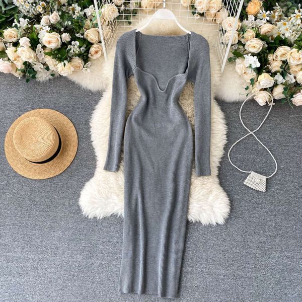 

light luxury hip ins tight clavicle low waist neck leaky stretch knitting dress women's autumn and winter bottom skirt, Black;gray