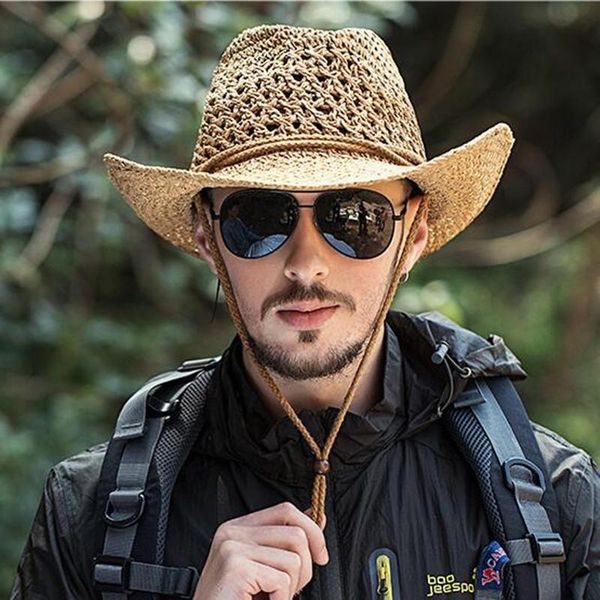 

cloches outdoor cowboy hat men's summer hand-made straw cap male casual fishing climbing sun protection breathable hats h7260, Blue;gray
