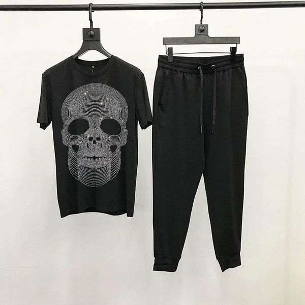 

men's tracksuits 2-piece fitness skull drilling fashion street short-sleeved t-shirt sets casual tracksuit luxury, Gray