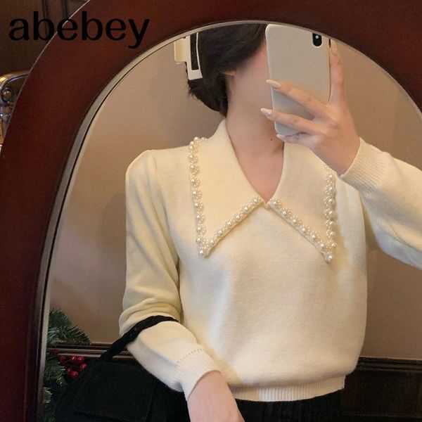 

elegant korean beading design outwear knit pullover sweater women turn down collar long sleeve loose pull femme hiver, White;black