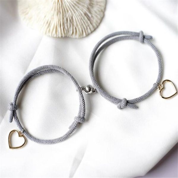 

link, chain fashion multi-color hand-woven hand rope hollow out heart-shaped bracelet 2pcs magnetic couple set fine jewelry gifts, Black