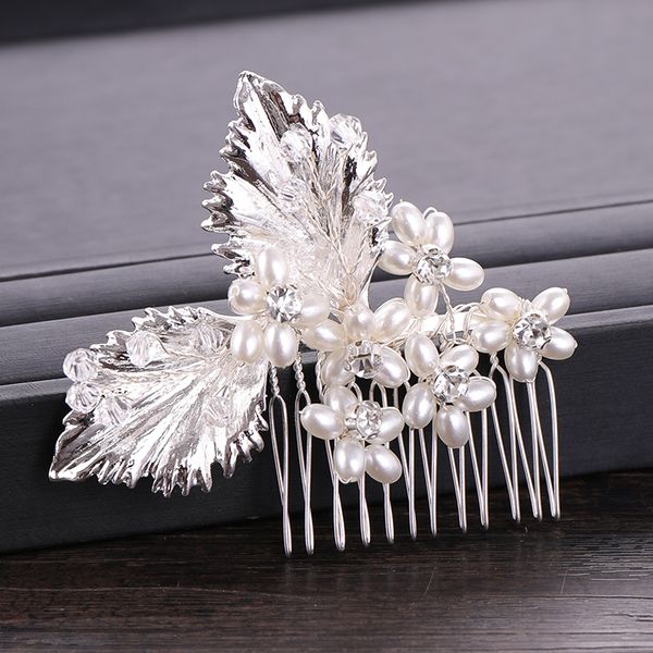 

trendy leaf flower pearl hair combs wedding hair accessories bridal headpiece hair ornaments bride women jewelry handmadedio chan conta, White;golden