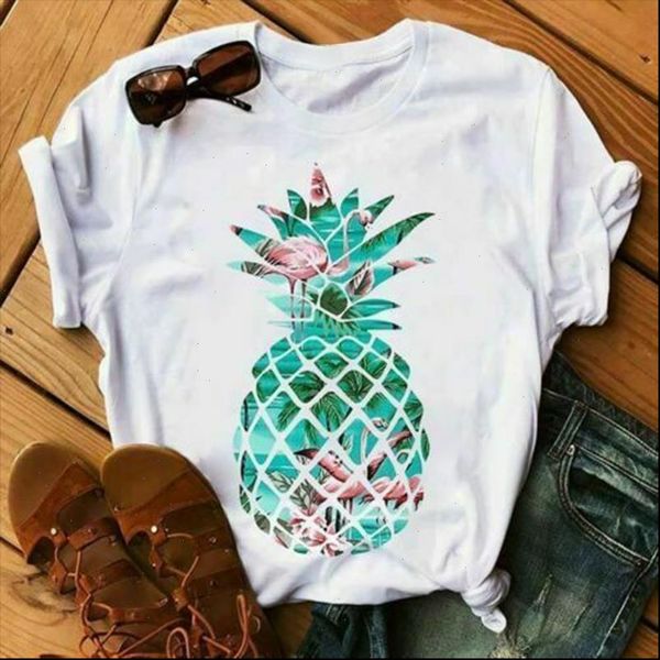 

white plus size womens t shirt flamingo pineapple print 2021 new fashion summer short sleeve o neck casual tee tshirt