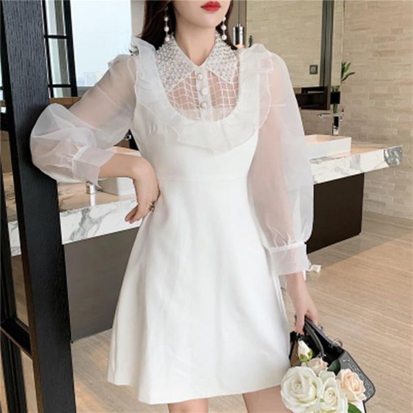 

casual dresses spring autumn 2021 women's gauze patchwork dress heavy industry beaded white long-sleeved party, Black;gray