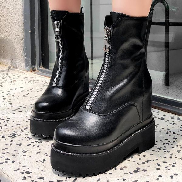 

boots high platform height increasing women thick sole handmade genuine leather shoes round toe zipper ankle1, Black
