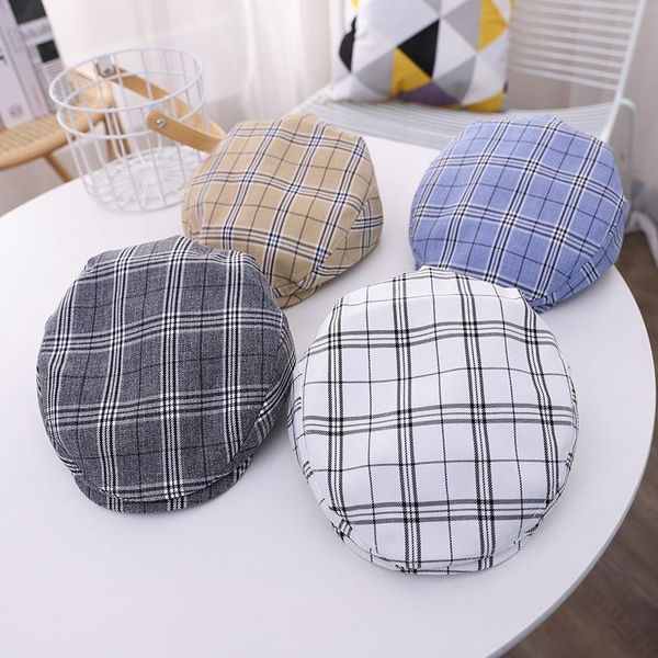 

children's new spring hats simple plaid beret, Blue;gray