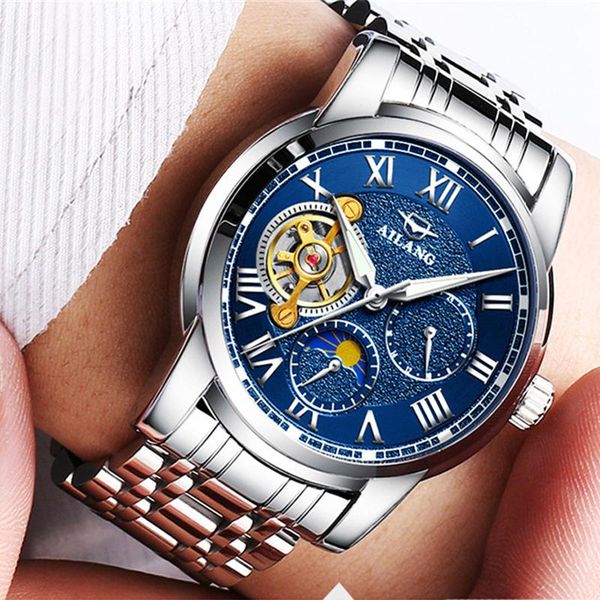 

wristwatches ailang series rome flywheel automatic mechanical watches men luxury famous brand dress stainless steel wrist watch, Slivery;brown
