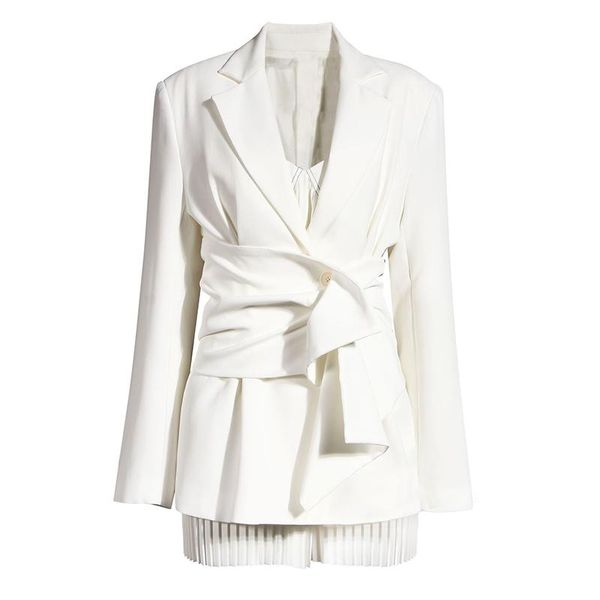 

designer stylish jacket women tailored collar long sleeve sashes blazer high street fashion coat, White;black