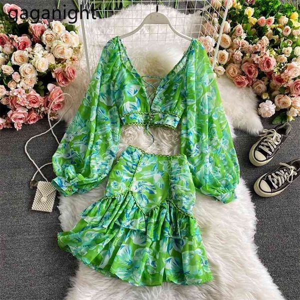 Frühling Frauen Zwei Stücke Set Laterne Hülse V-ausschnitt Chiffon Blusen Crop Tops Vintage Blume Mini Kurzen Rock 2pc anzug 210601