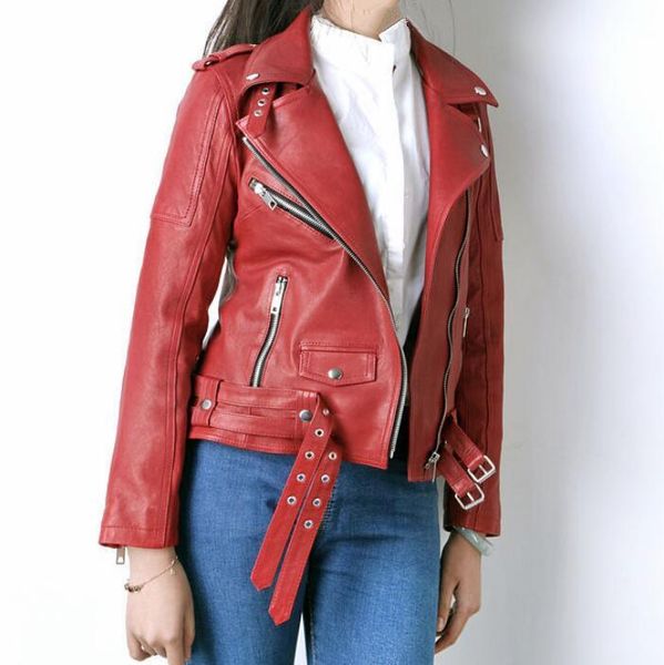 

women's leather & faux genuine jacket women fashion punk casual real sheepskin slim fit motorcycle zipper ladies red coat female brand, Black