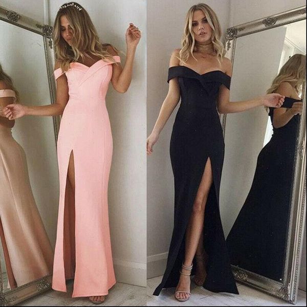 

womens off shoulder dresses casual long maxi evening party beach long dress solid pink black v neck summer costume, Black;gray