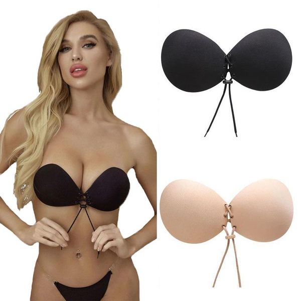 

bras invisible strapless front lace-up wire bustier backless super push up bra seamless self-adhesive sticky lingerie, Red;black