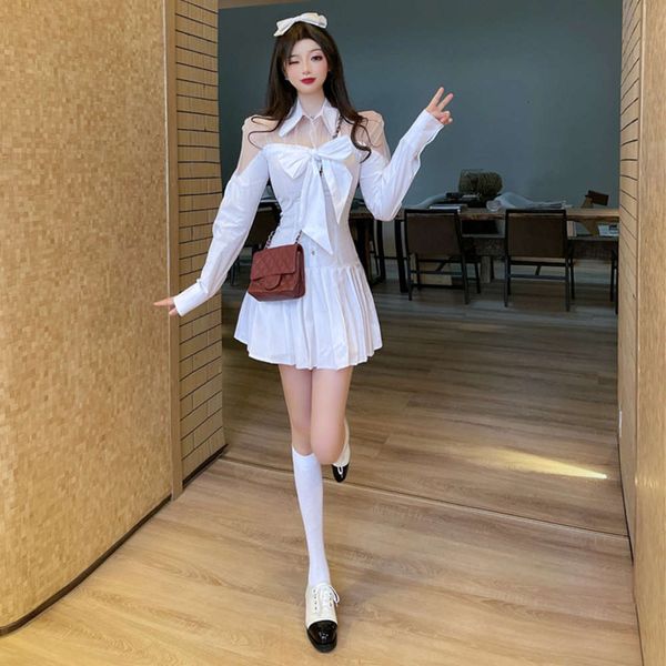 

2021hong kong chic sweet girl's bow net stitching pleated skirt shirt long sleeve dress, Black;gray